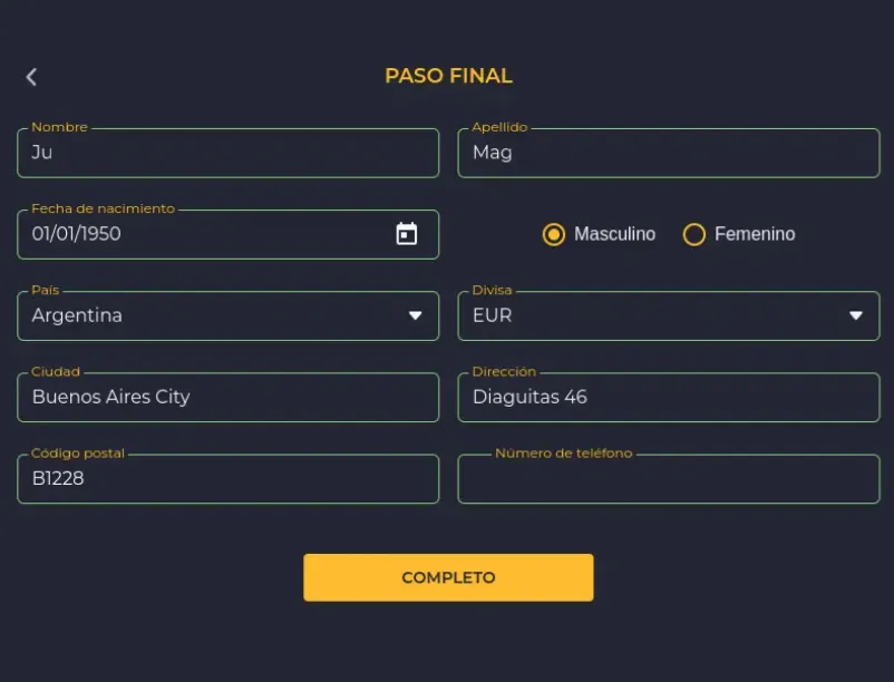 Registro Rolling Slots Paso 2 de registro Rolling Slots